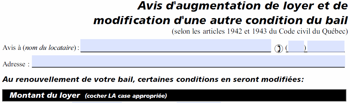 Avis D Augmentation De Loyer Et De Modification D Une Autre Condition Du Bail Tribunal Administratif Du Logement